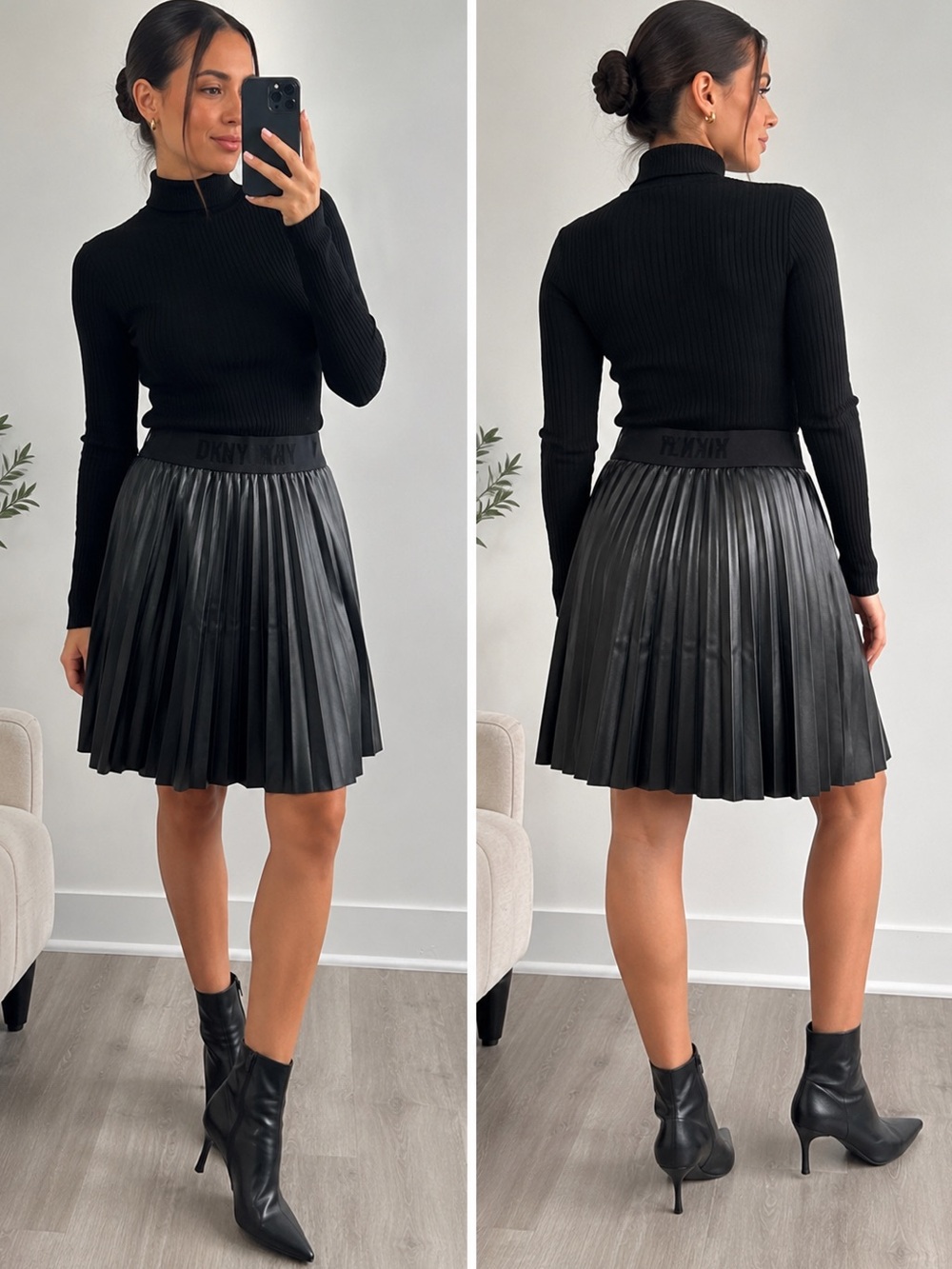 DKNY Black Faux Leather Pleated Skirt Women’s Small S Elastic Logo Waist